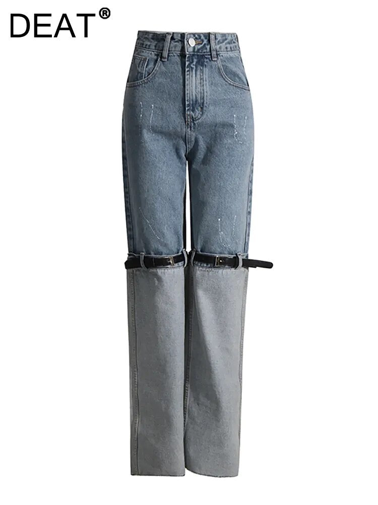 Women Jeans High Waist Long Straight Contrast Color Knee Splice PU Leather Belt Denim Pants 2024 Autumn