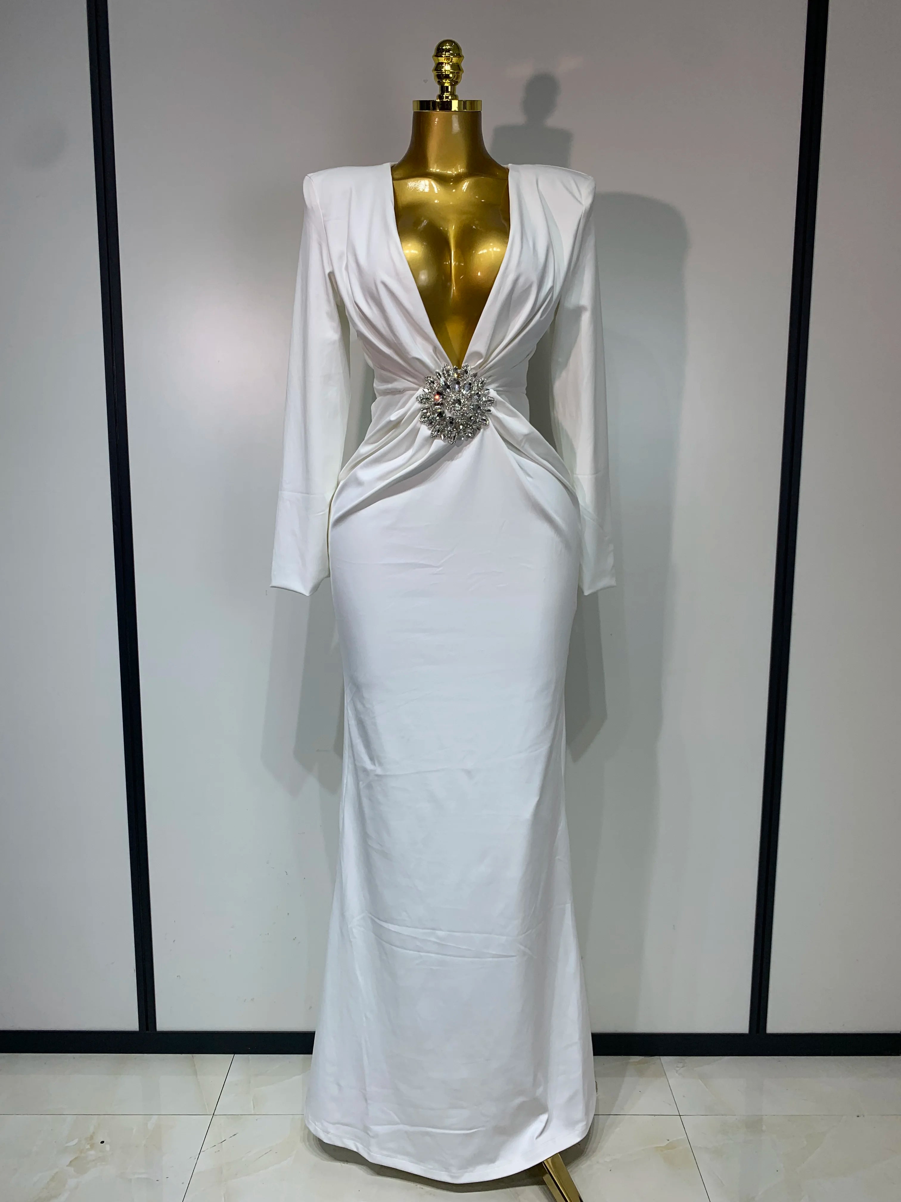 Women Long Sleeve Deep V-Neck Bodycon Long Dress Elegant Evening Party Club Celebrate Cocktail Outfit Luxuru Birthday Dress WHITE