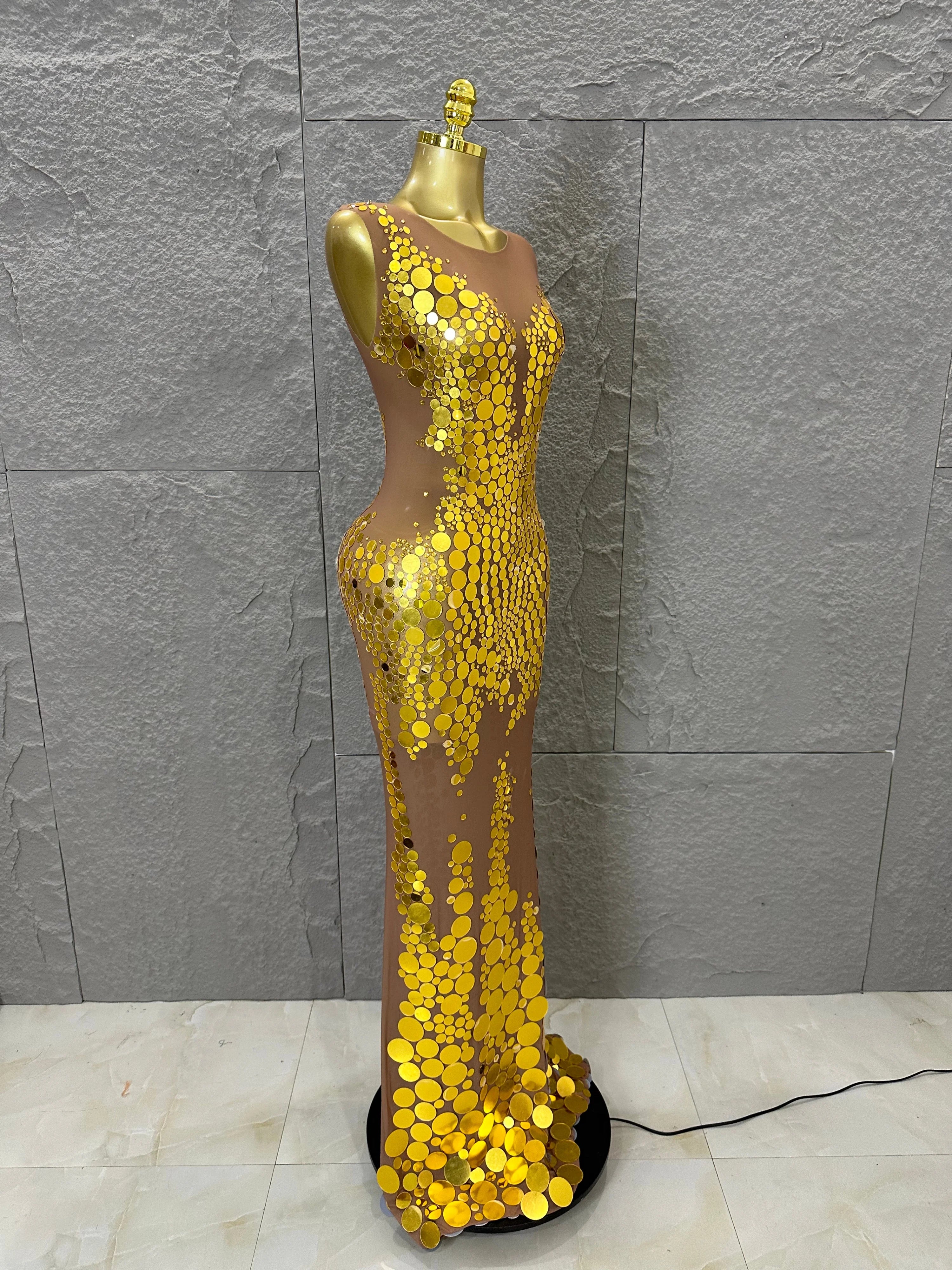 Opulent Nude Sleeveless Women Gold Sequin Dot Embellished Bodycon Stage Performance Costume Formal Event Party Costume