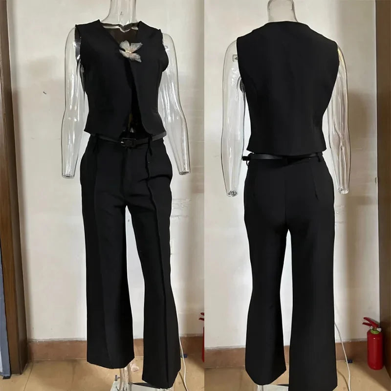 Solid Casual Vest Pants Women 2 Piece Set V-neck Sleeveless Single Breasted Vests Wide Trousers Summer Office Lady Outfit Black