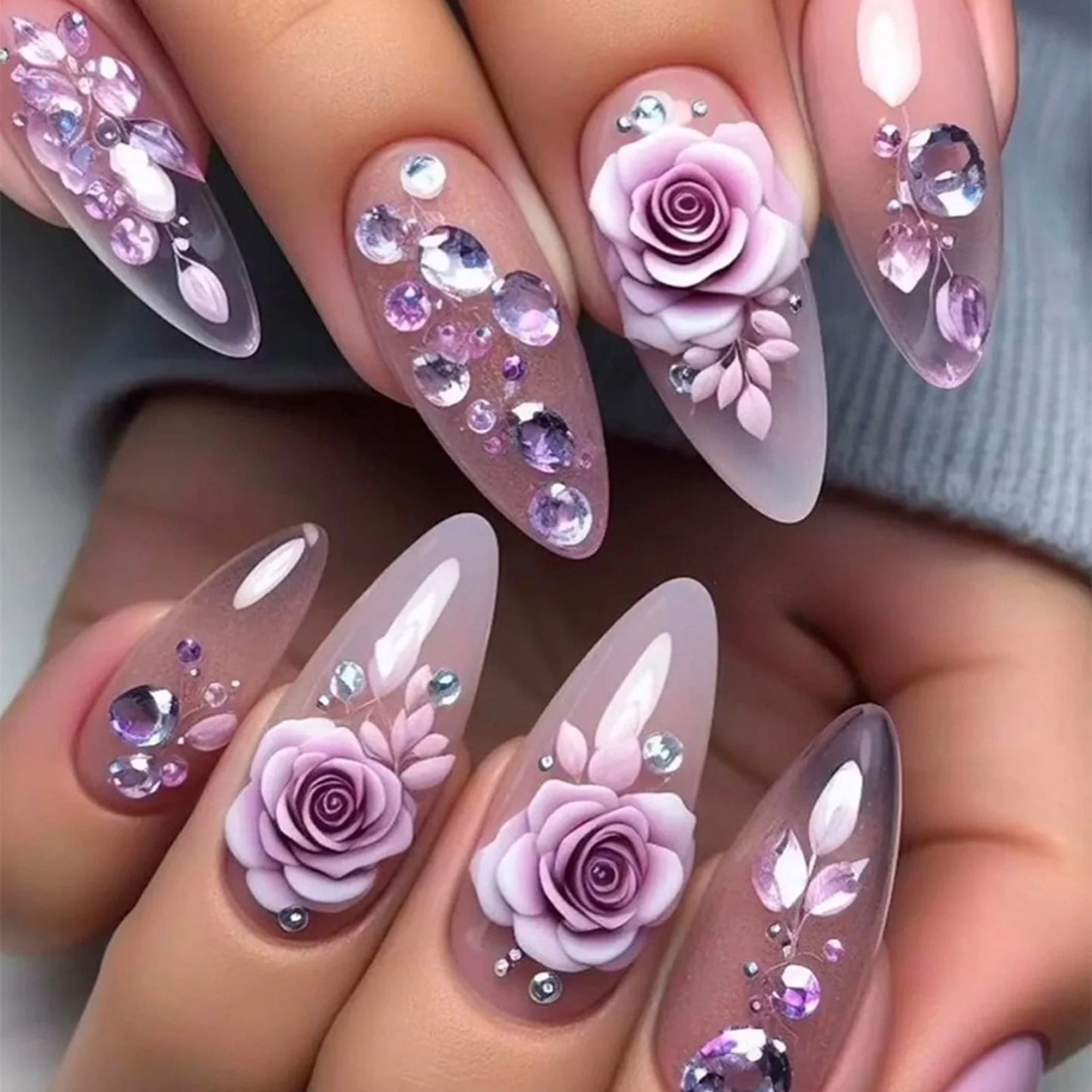 Purple Flower Press on Nails 24Pcs Almond/Coffin Wearable Fake Nails Flower Printed Woman DIY Manicure Acrylic False Nails Tips Y2