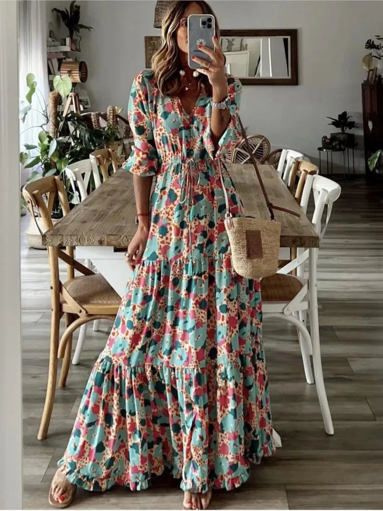 Spring Autumn Flower Print Long Dresses For Women Casual Holiday A-line Beach Dress Fashion Elegant Bohemian Style Maxi Vestidos