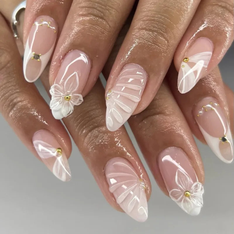 24pcs 3D Flower Design Press on Nails Blue French Almond False Nail Tips for Women Wearable Reusable European Fashion Fake Nails 3