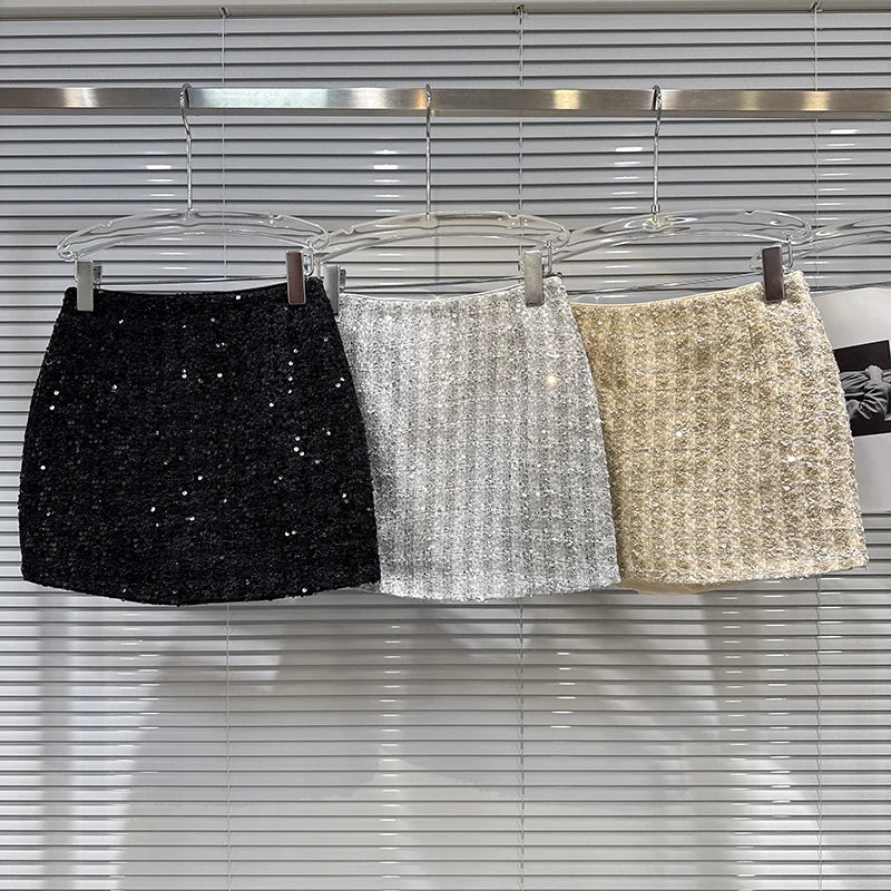 Winter New Fashion Style Sequin Woven Tweed Short Skirt For Women High Waist A-line Wrapped Hip Skirts 11A07805