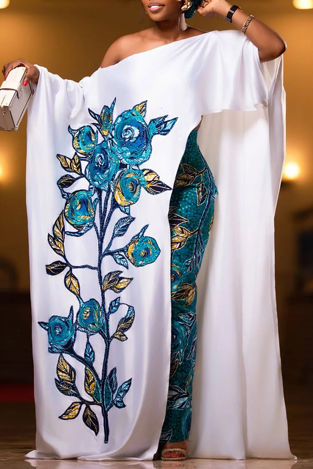 Plus Size Formal White Elegant Floral Oblique Collar 3/4 Sleeve Split Two Piece Skirt Sets