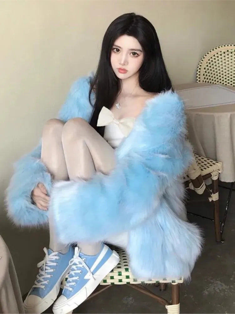 Super Hot Women's winter coats Elegant Blue Faux Fur Coats Female clothing Long Sleeve Thick Warm Outerwears Lady Oversize