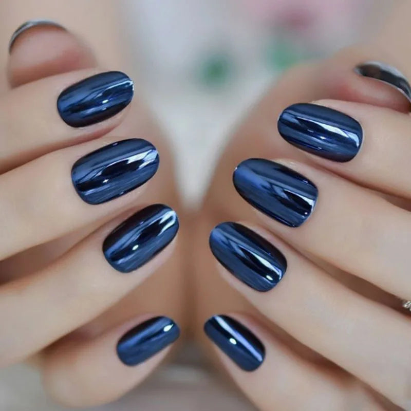 24pc/set Medium almond fake nails metallic mirror red black purple blue golden tips faux ongles y2k press on acylic false nail dark blue