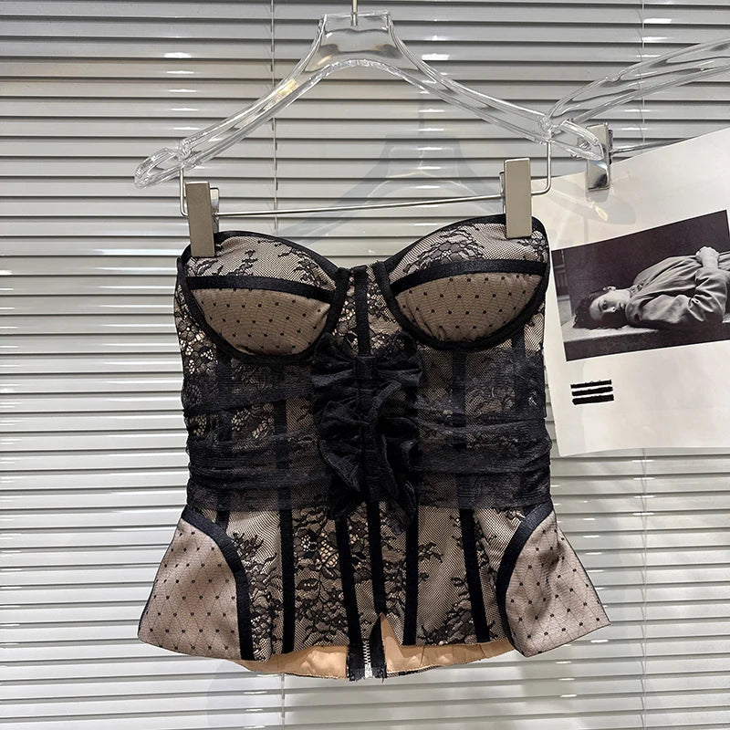 DEAT 2026 Spring New Fashion Three-Dimensional Lace Design Fishbone Waist Chest Pad Tank Top For Women Backless Vest 11A07825 Black