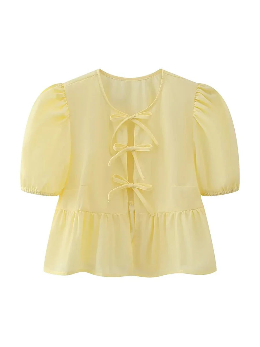 wsevypo Chic Summer Babydoll Shirts Solid/Stripe Short Women's Puff Sleeve Round Neck Tie-Up Front Peplum Blouses Top for Street I