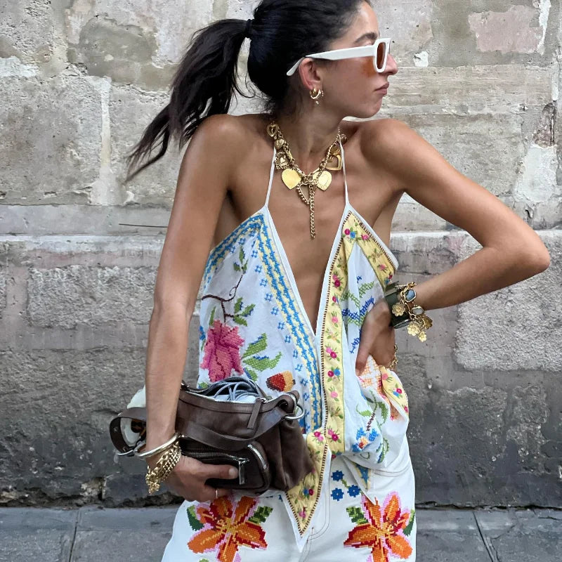 Beach Print Tank Top Pants Sets Women Fashion Halter Backless Sleeveless Vest Wide Leg Zipper Pants 2 Pieces Set Female 2024 vest