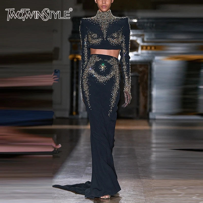 Slimming Spliced Sequins Two Piece Sets for Women Round Neck Long Sleeves Short Top High Waist Skirt Set Female New