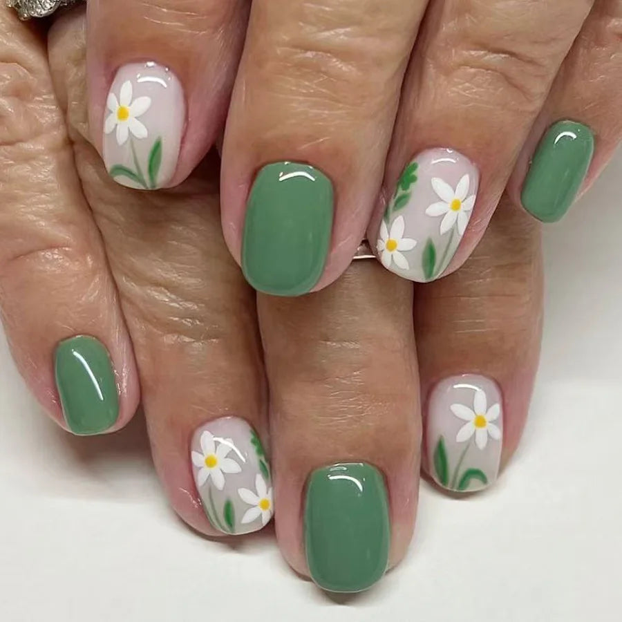24Pcs Colorful French Press on Fake Nails with Glue Short Square Nail Art Tips Flower Design Wearable Full Cover False Nails 801