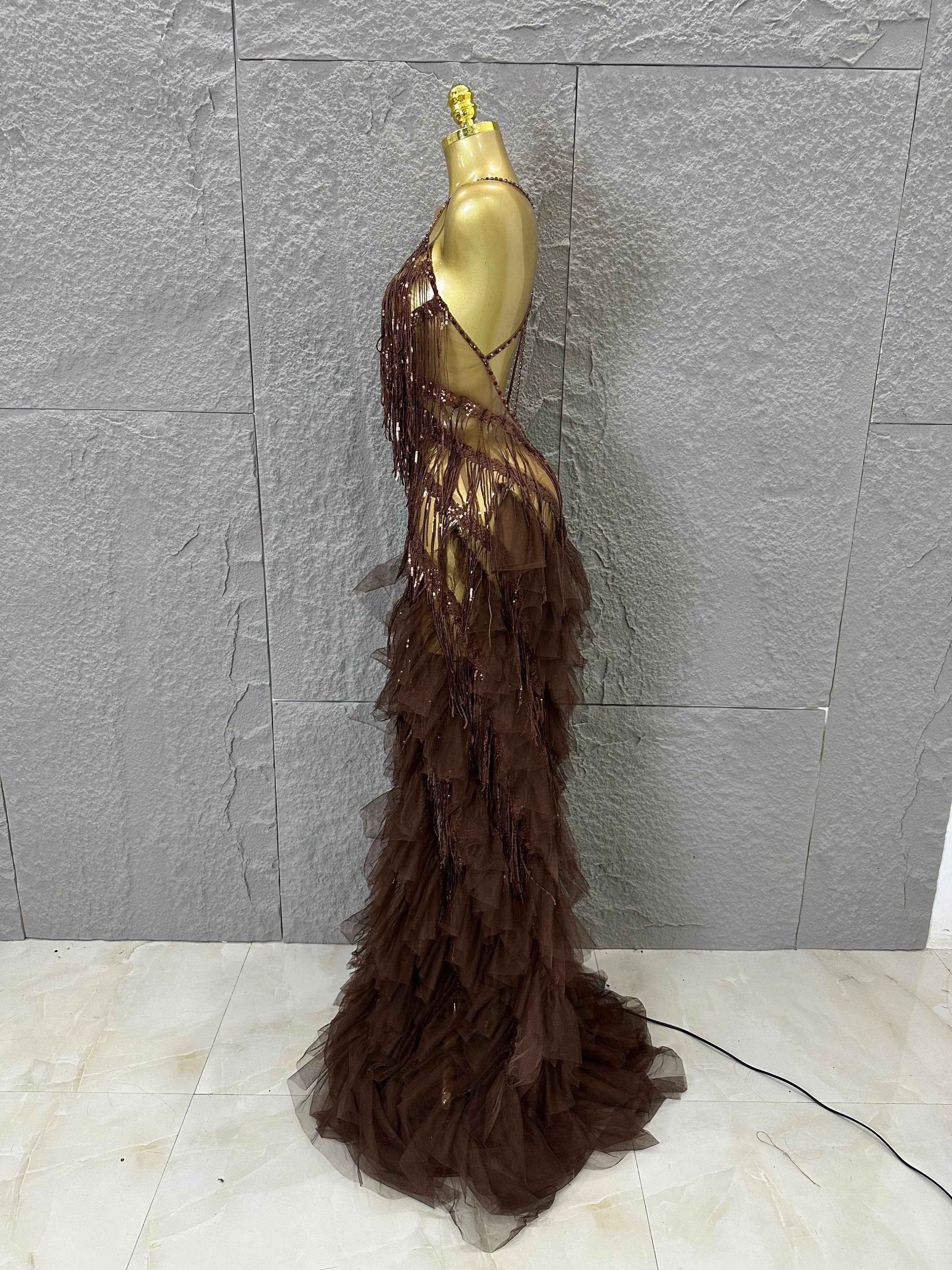 Elegant Brown Floowy Lace Women Sexy Spaghetti Strap V-Neck Tulle Ruffle High Slit Bodycon Outfit Evening Gala Party Costume