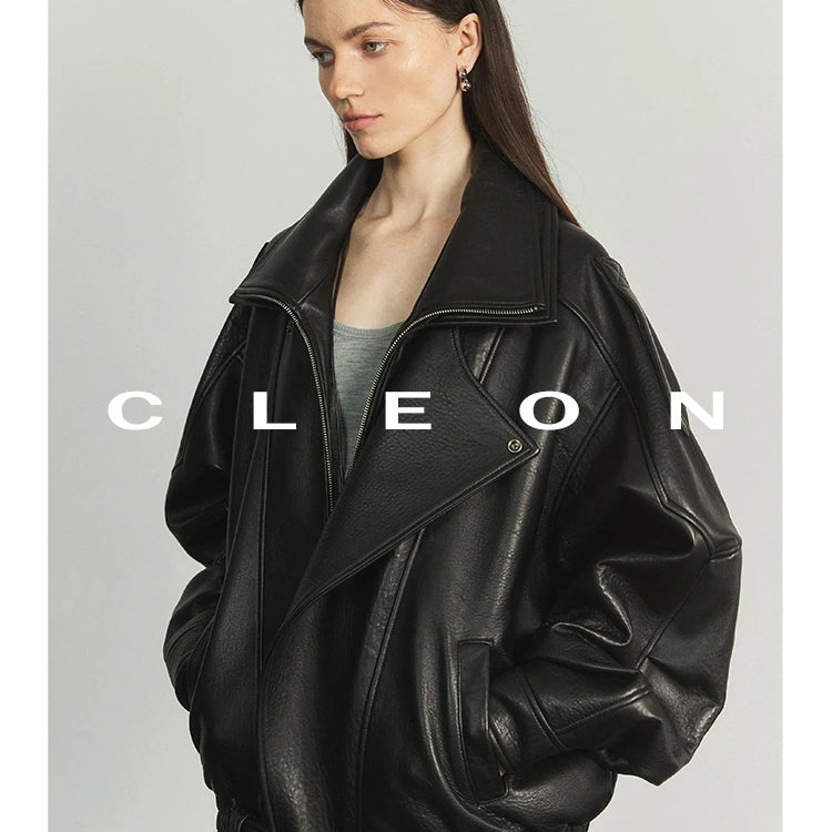 Lautaro Autumn Brown Oversized Pu Leather Moto & Biker Jacket Women Long Sleeve Zippper High Quality American Retro Clothing Black