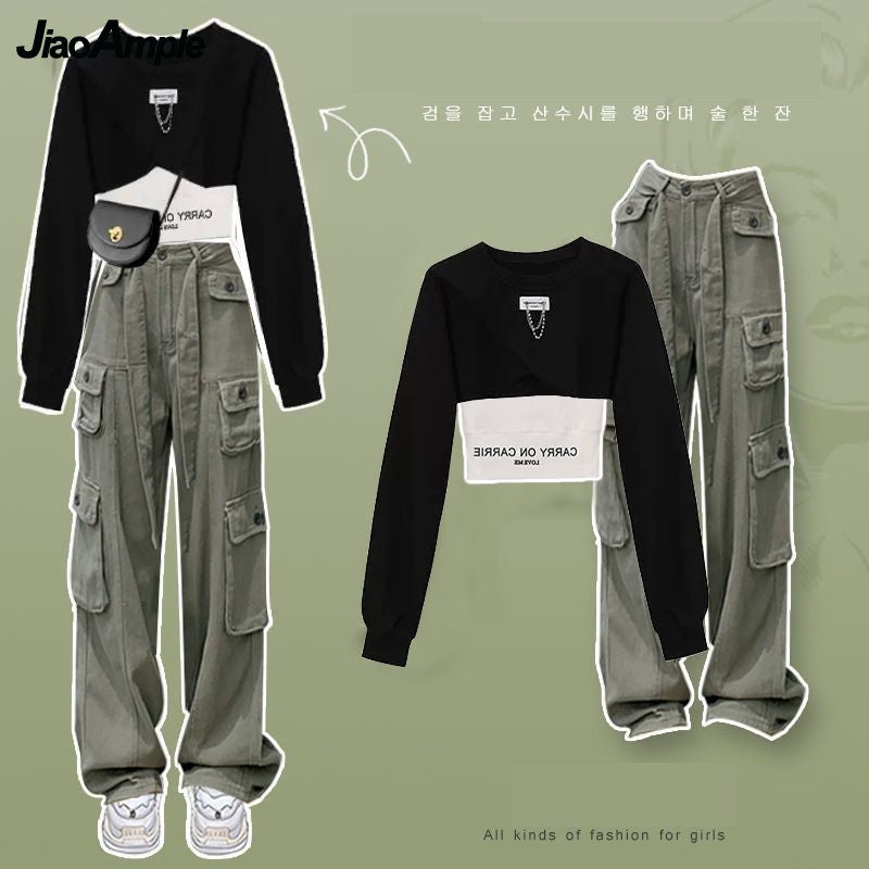 Women's Autumn Winter Suit Korean Elegant Loose Short Sweater Vest Cargo Pants 3 Piece 2024 New Casual Sportswear Matching Set