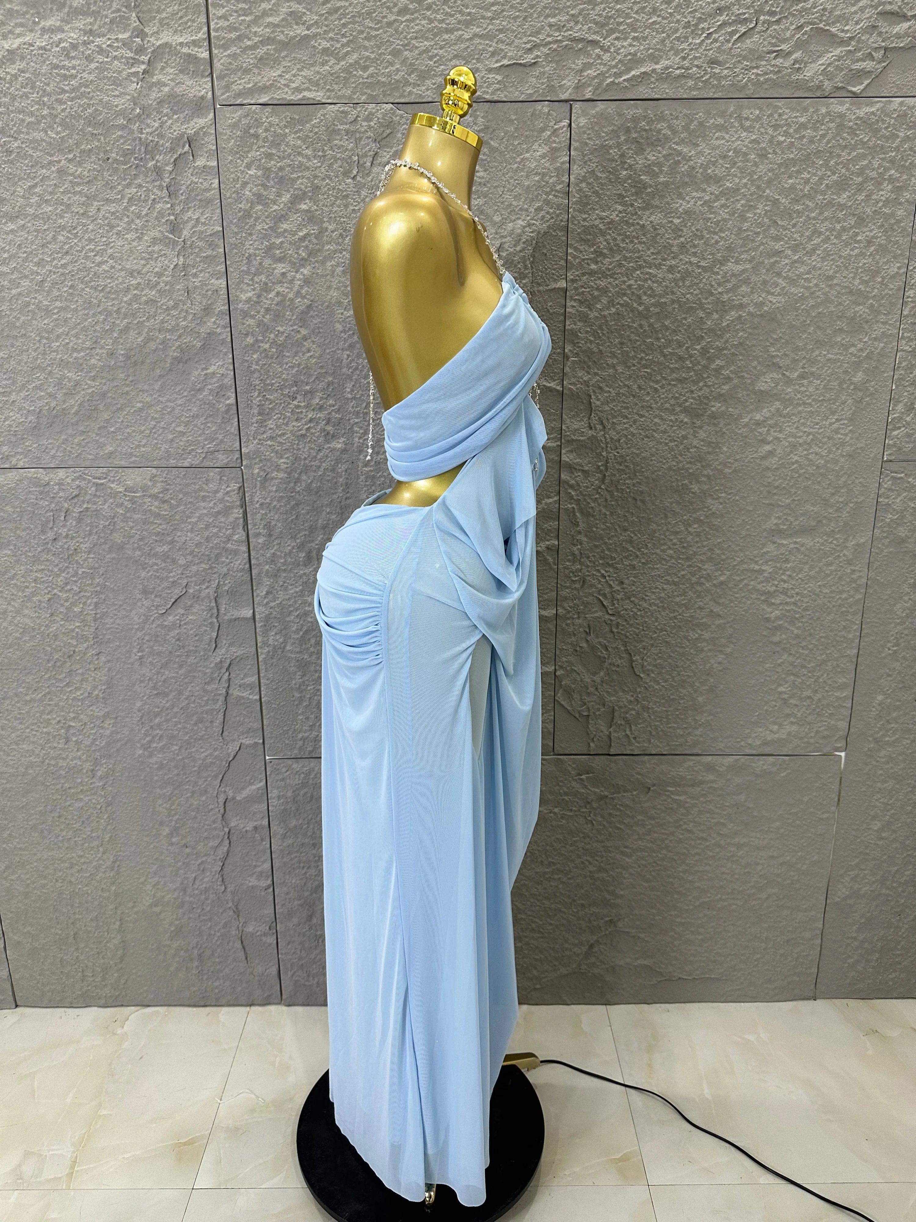 Sexy Halter Neck Maxi Dress Crystal Chain Cutout Ruched Women Sheer Mesh Form Outfit Glamorous Evening Gala Party Costume