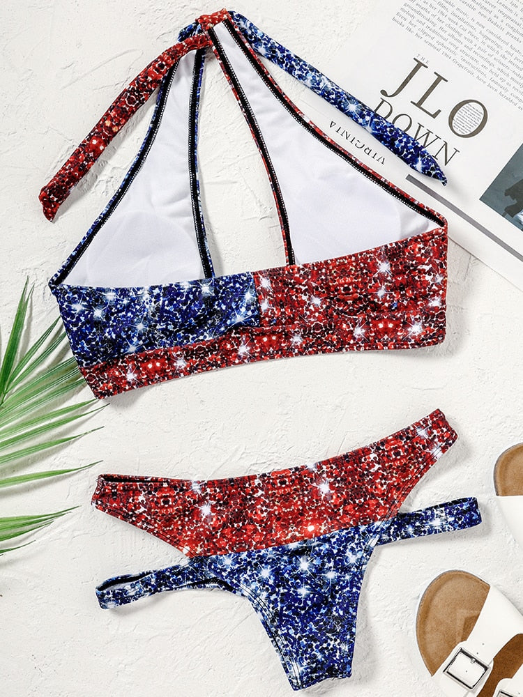 Sexy Cute Wrap Cut Out Halter Bikini Set Glitter American Flag Swimsuit Set Women Criss Cross Bathing Suit 2 Piece 2024 Summer