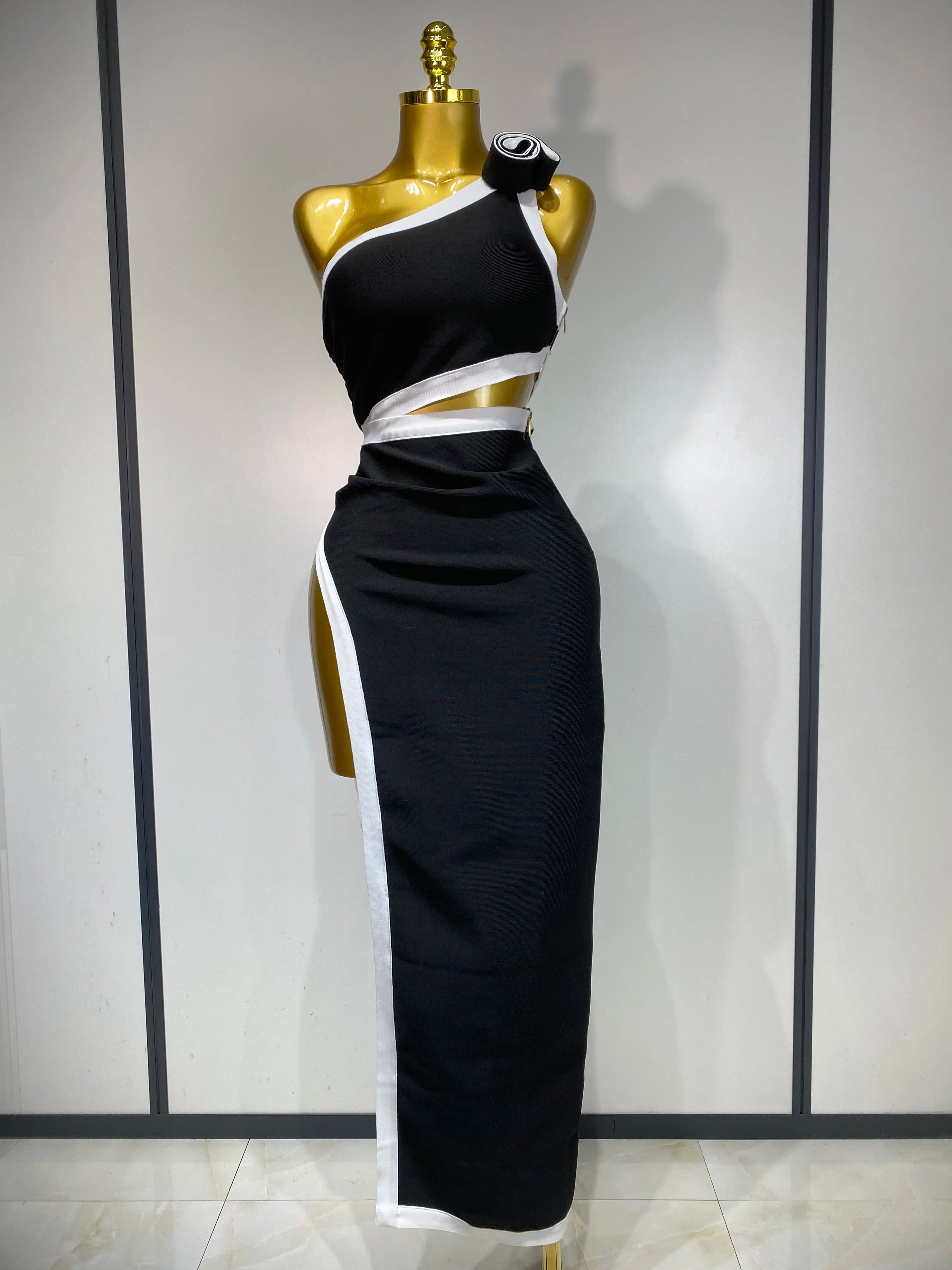 Women Celebrity Sexy One Shoulder Cut Out Split Maxi Long Bodycon Bandage Dress 2025 Elegant Evening Club Birthday Party Dress black