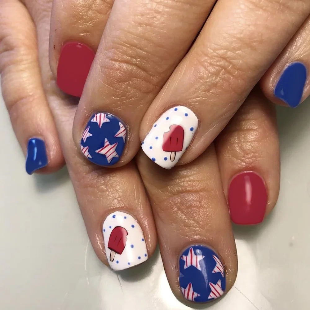 24pcs/set short square fake nails for US Independence Day blue red white star strawberry with glitter press on false nail tips 1361