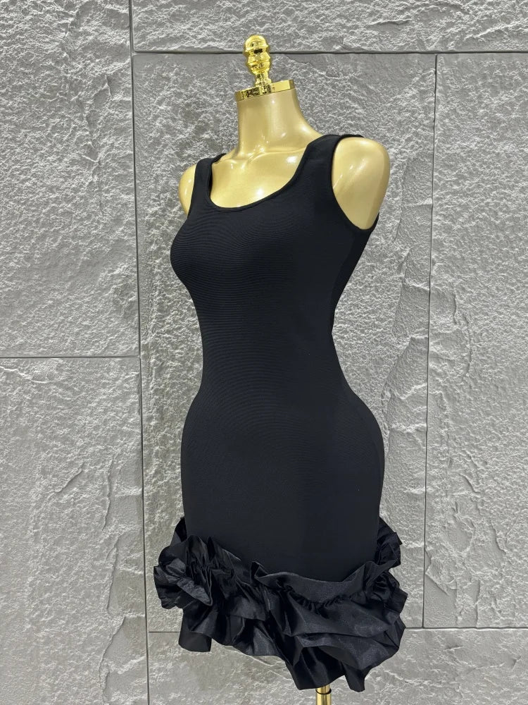 Women Sleeveless Sexy O-Neck Ruffles Bodycon Mini Bandage Dress Celebrate Nightclub Party Bar Singer Outfit