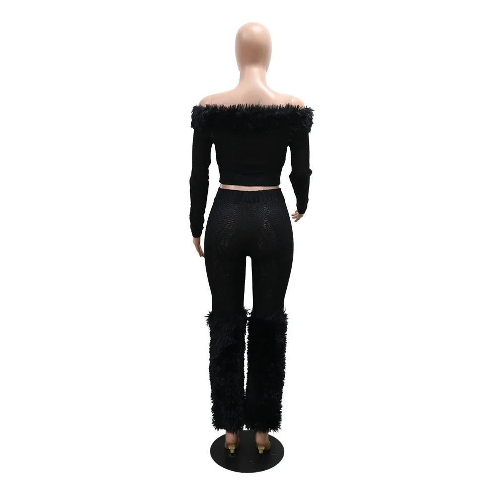 2025 Spring Women's Set Long Sleeve Fur Slash Neck T-shirt + Pants Sexy Streetwear Two 2 Piece Sets Outfits Tracksuit