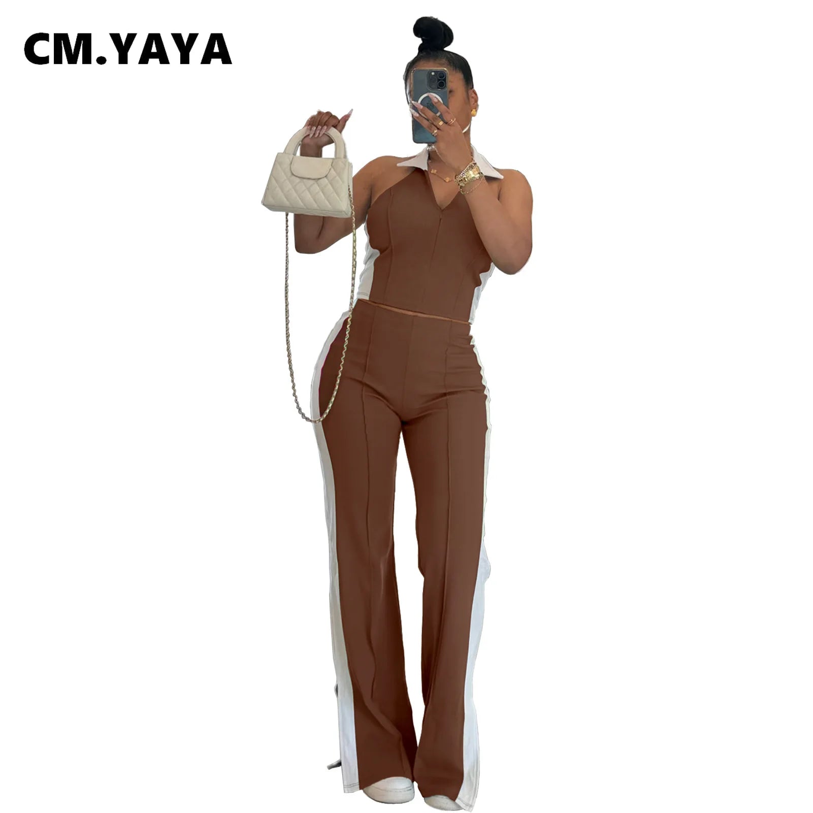 Sporty Patchwork Women's Set Sleeveless Polo-tank Tops and Slit Flare Pants 2025 Active Two 2 Piece Set Outfit Tracksuit