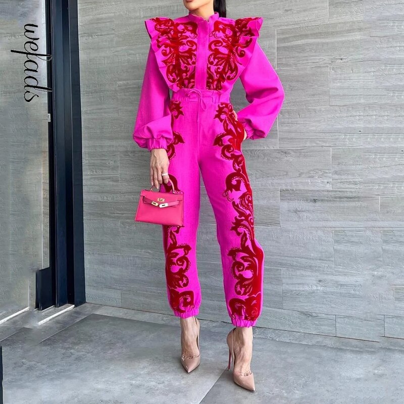 Women Two Piece Set 2024 Autumn Fashion Office Printed Long Lantern Sleeve Zipper Top Drawstring Lace Up Pants Sets Pink