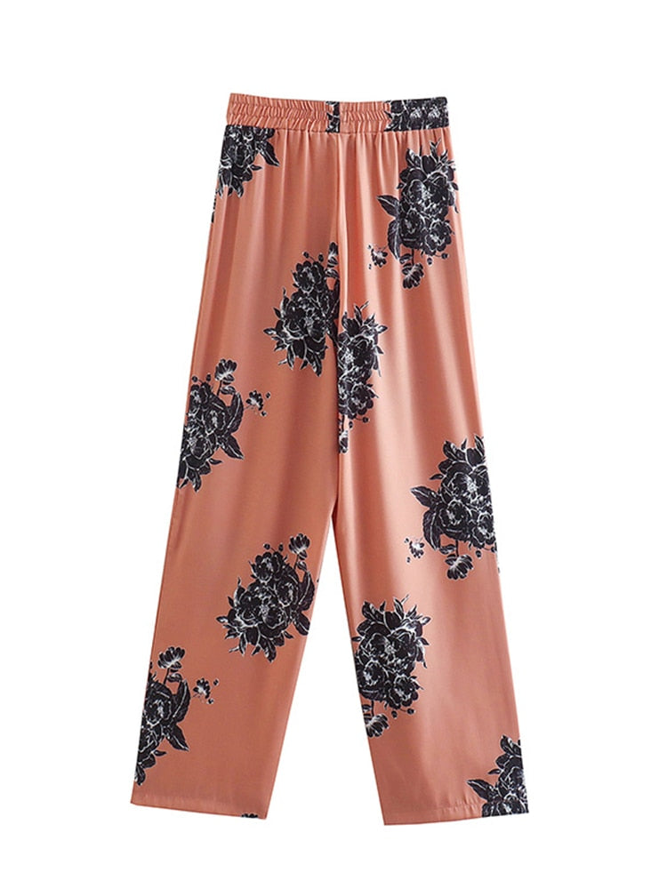 Woman 2 Pieces Shirts Pants Suit 2024 New Fashion Printed Blouses Tops Straight Trousers Set Female Casual Single Breasted Shirt trousers