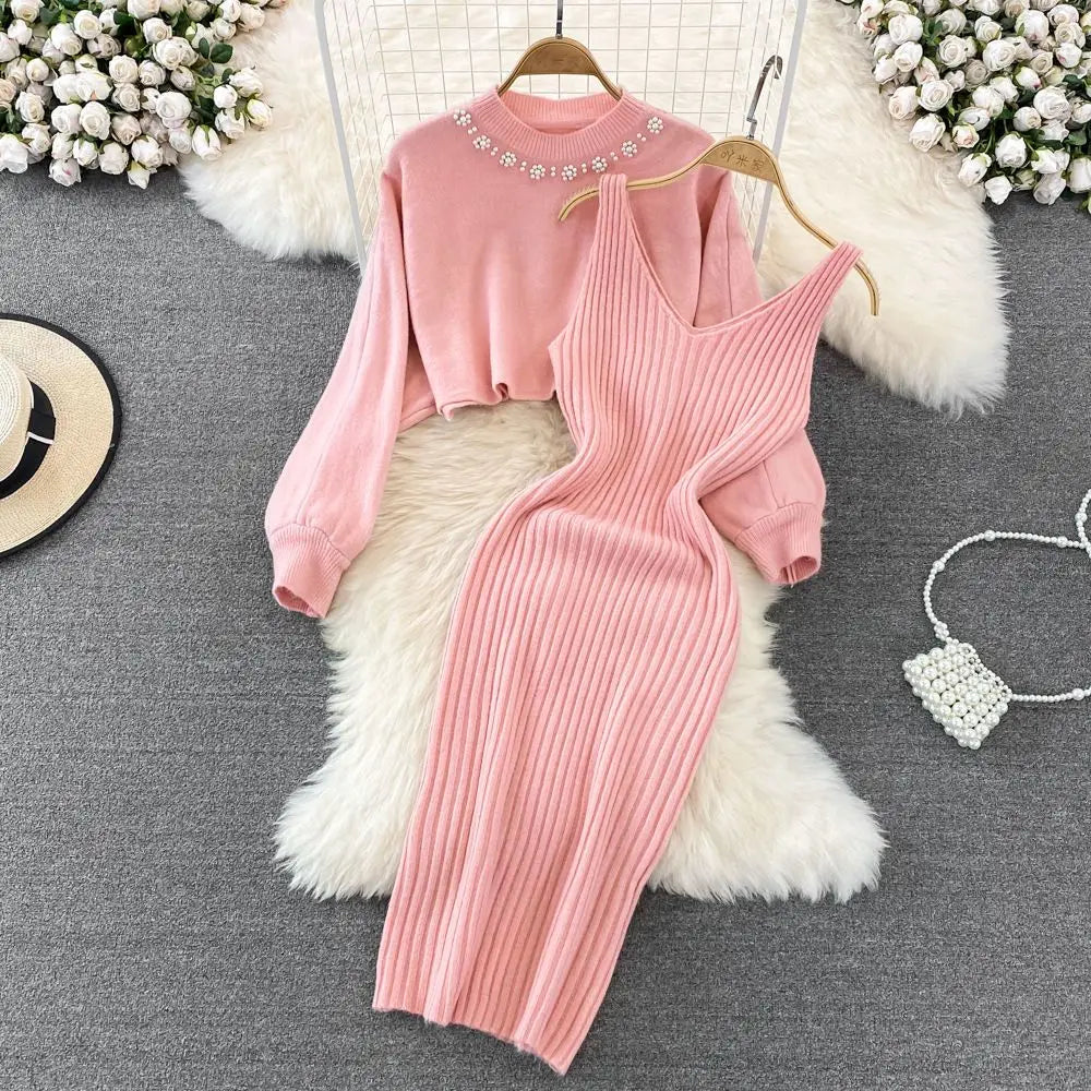 Sweater Set Casual Pullovers Suits Slip Dress For Women Slim Solid Autumn Winter Knitted Long Sleeve Elegance Elastic Sweet Pink