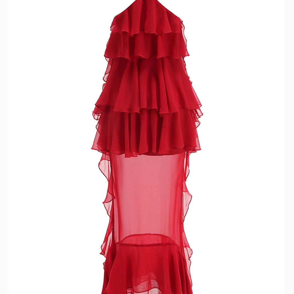 Women Gauze Perspective Irregular Elegant Long Party Dress New Ruffles Sleeveless Fashion Tide Summer 2025