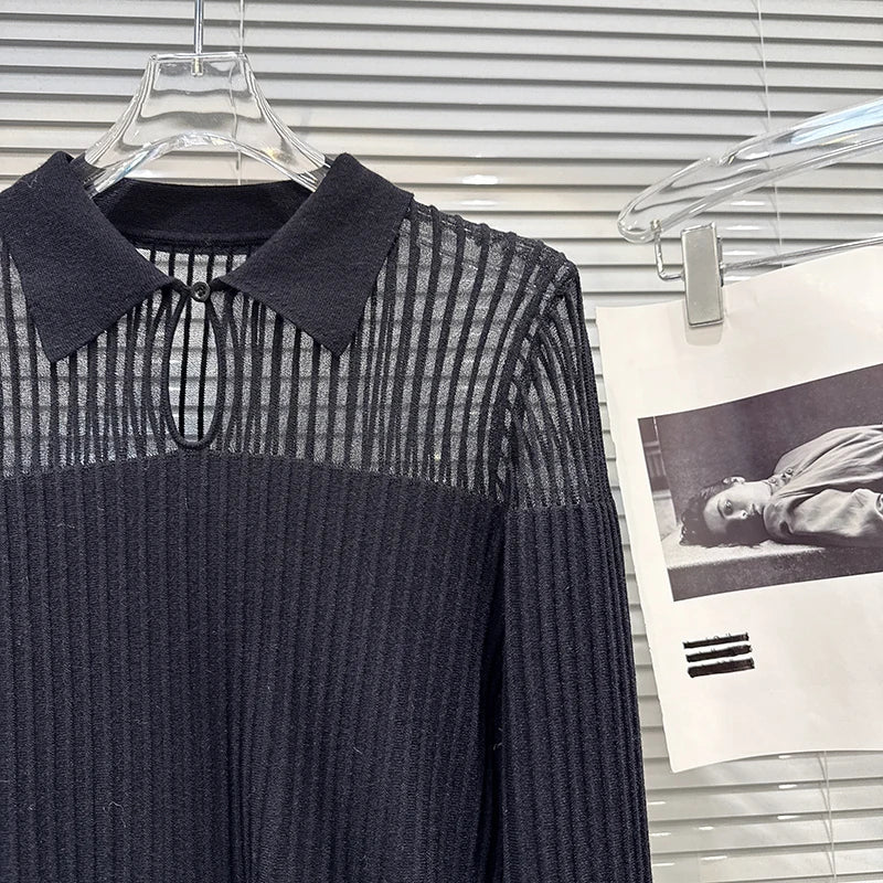 Winter New Fashion Lapel Slightly Transparent Patchwork Design Knitted Tops For Women Slim Fit Shirts Female 11A07661