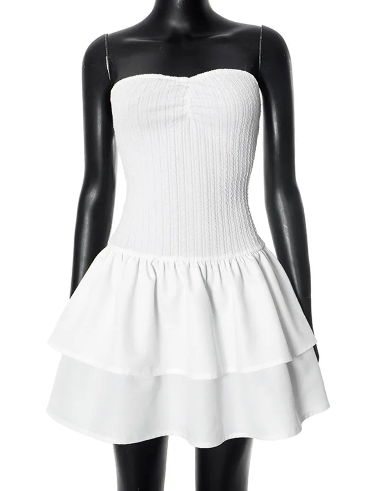 Mozision Off-shoulder Strapless Sexy Mini Dress For Women White Spaghetti Strap Sleeveless High Waist A-line Cake Dress Vestido