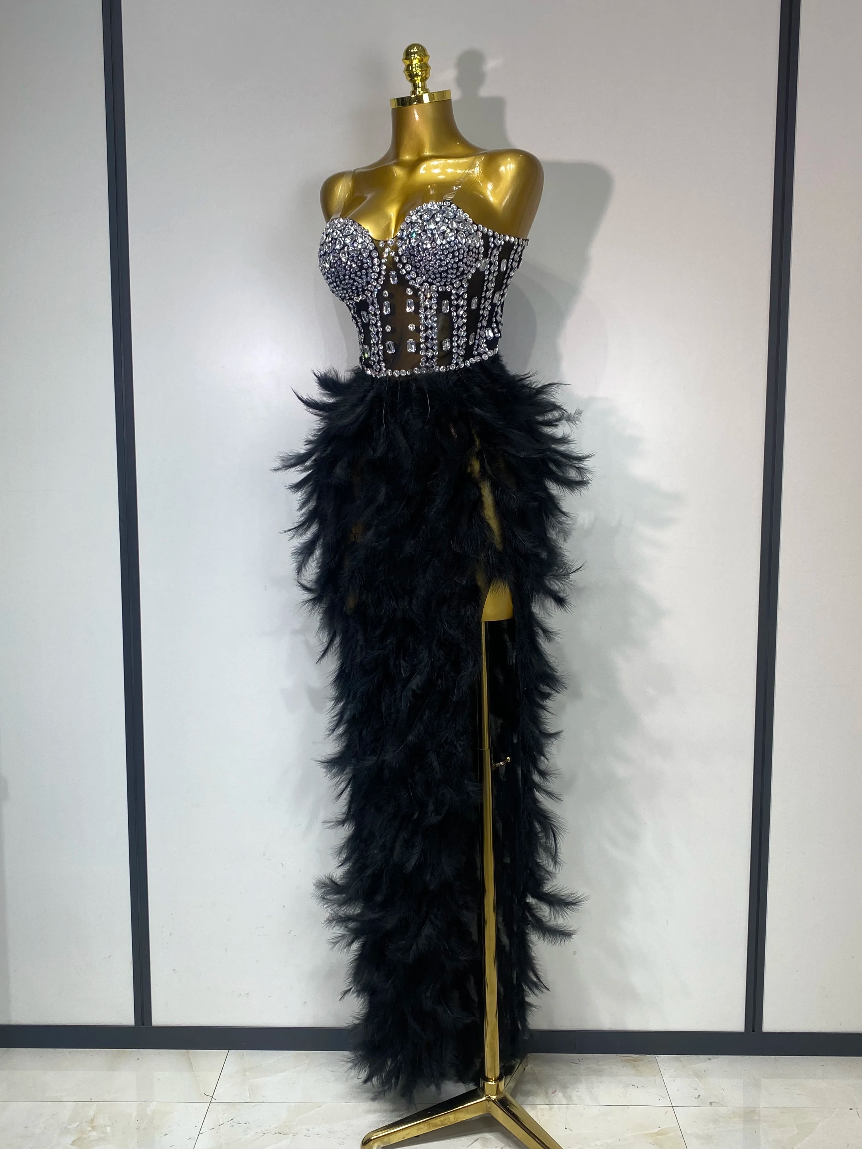 Luxury Birthday Evening Party Long Dress Women Sexy High Slit Backless Gowns Diamonds Feather Patchwork Stage Perform Costume