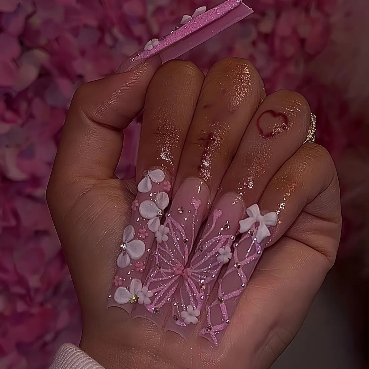 24Pcs Extra Long Square Press on False Nails with Butterfly Design Flowers Bow Pink Full Cover Nails Wearable Fake Nail Manicure 31