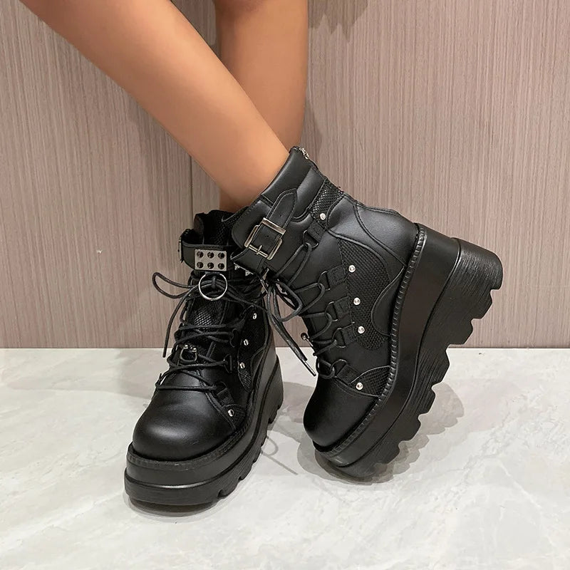 Women's Punk Style Thick-soled Wedge-heeled Knight Boots Large Size Cross-lace Thick-soled Mid-tube Women's Gothic Cowboy Boots Matte black