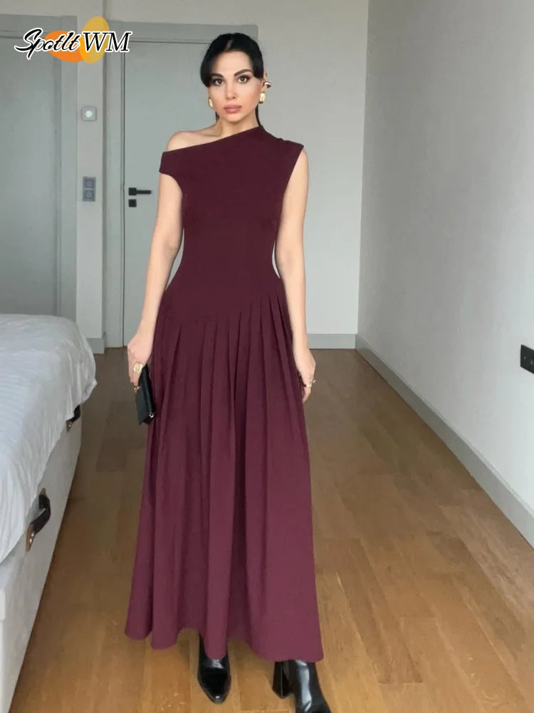 Chic Off Shoulder Irregular Neck Women's Dress Elegant High Waist A-line Hem Pleated Midi Dresses New Summer Lady Commuting Robe