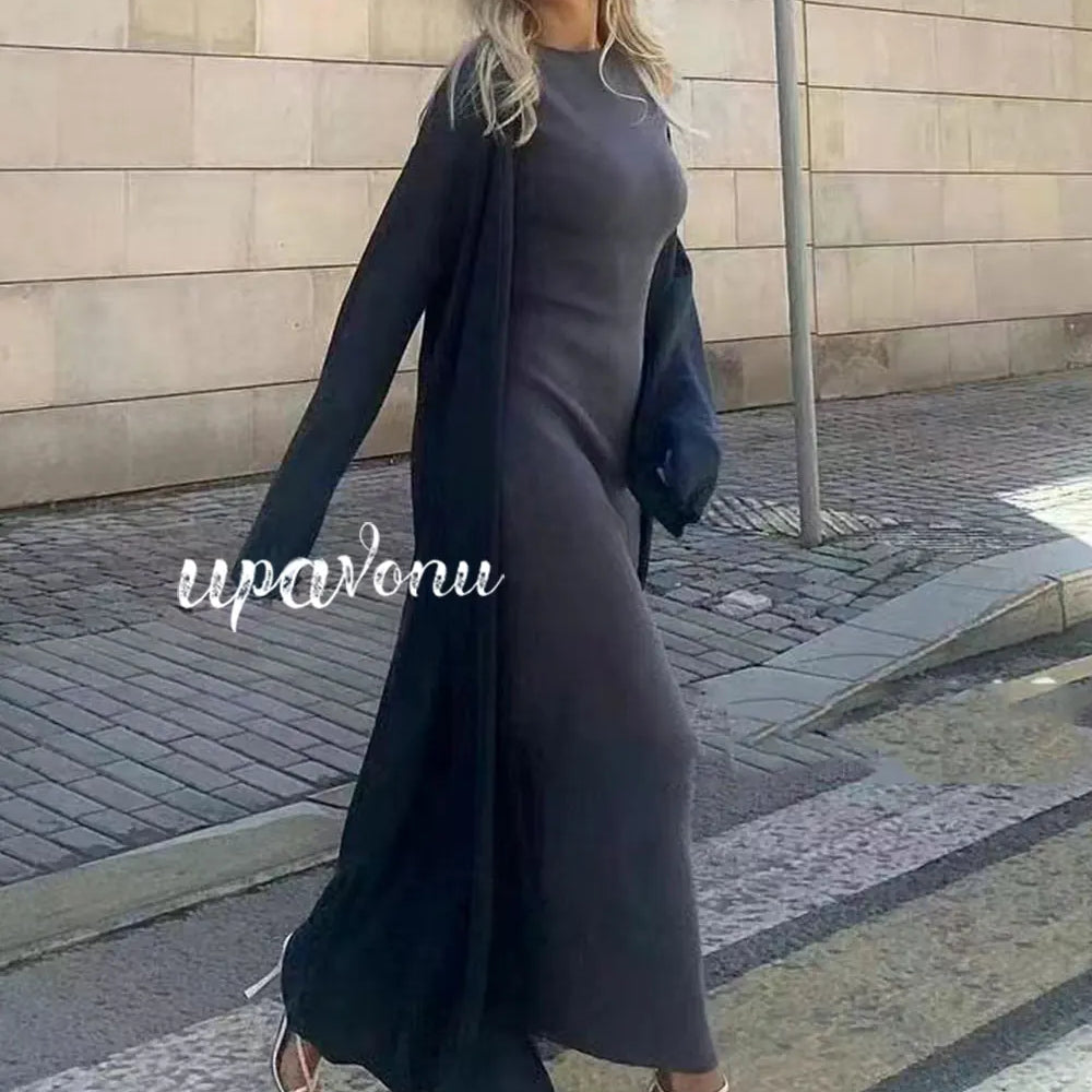 Women's Knitted Long Dress Sets with Polo Collar Long Sleeves Waistband Tie up Cardigan Long Coat+Sleeveless Dress Two Piece Set