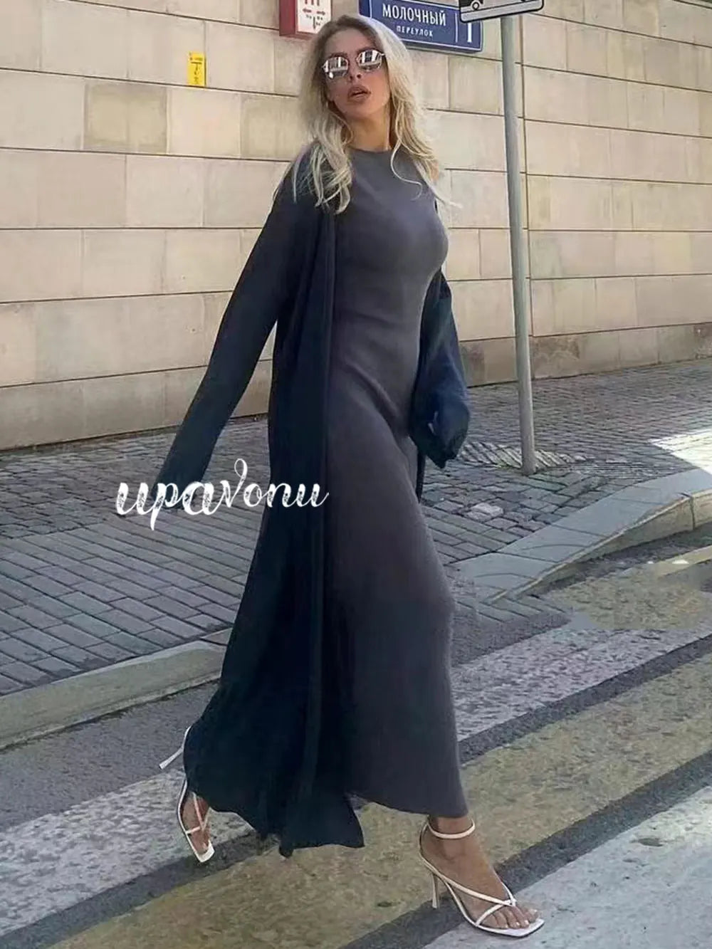 Women's Knitted Long Dress Sets with Polo Collar Long Sleeves Waistband Tie up Cardigan Long Coat+Sleeveless Dress Two Piece Set