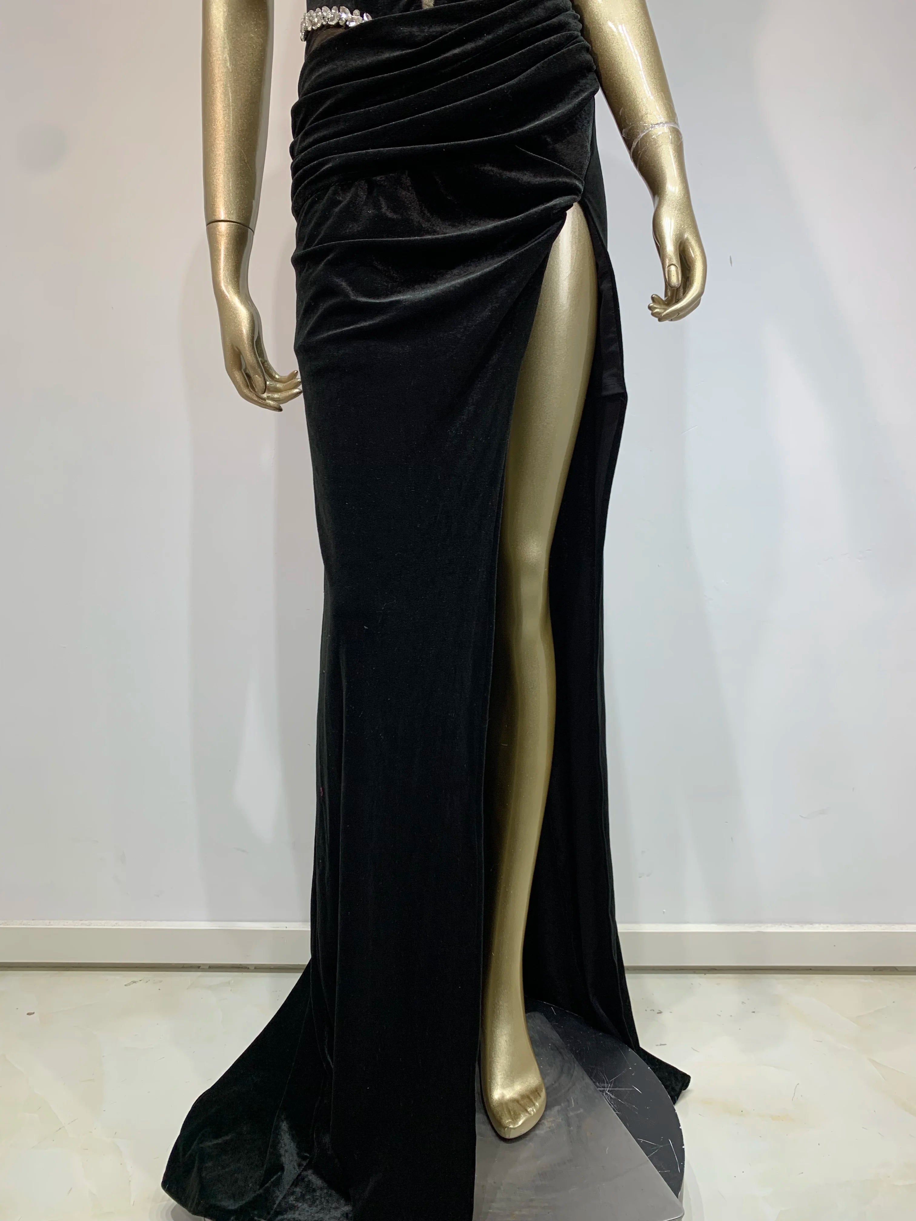 Sexy Strapless Backless Split Diamonds Black Velvet Maxi Long Women Celebrity Dress 2024 Elegant Party Evening Club Vestido
