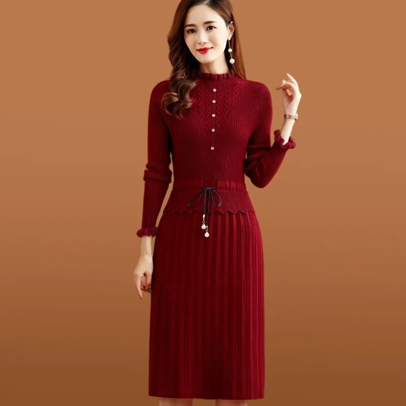 Two Pieces Pleated Knitted Dress Women Vintage Elegant Bottoming Sweater Dresses Slim Long Sleeve Fall Winter Midi Vestidos
