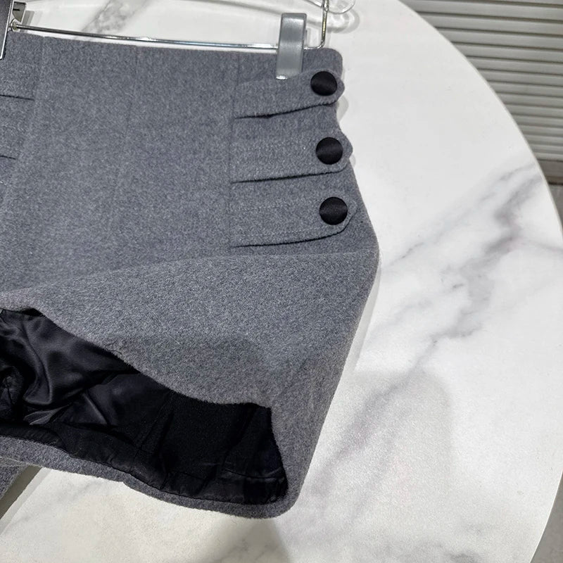 Winter New Fashion Ribbed Button Gray Woolen High Waist Shorts For Women Versatile Boot Short Pants Female 11A07667