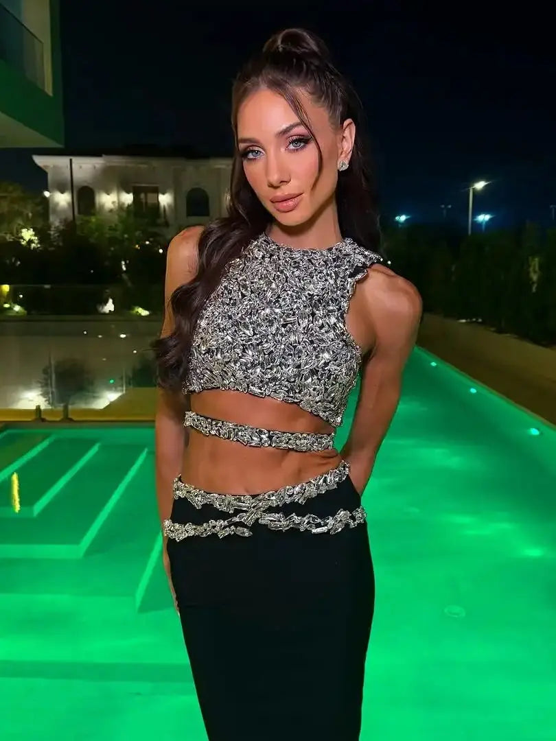 2025 Stylish Expose Wasit Woman Set Sparkling Diamonds Short Tank Top And Bandage Skirt 2 Pieces Birthday Party Vestido black