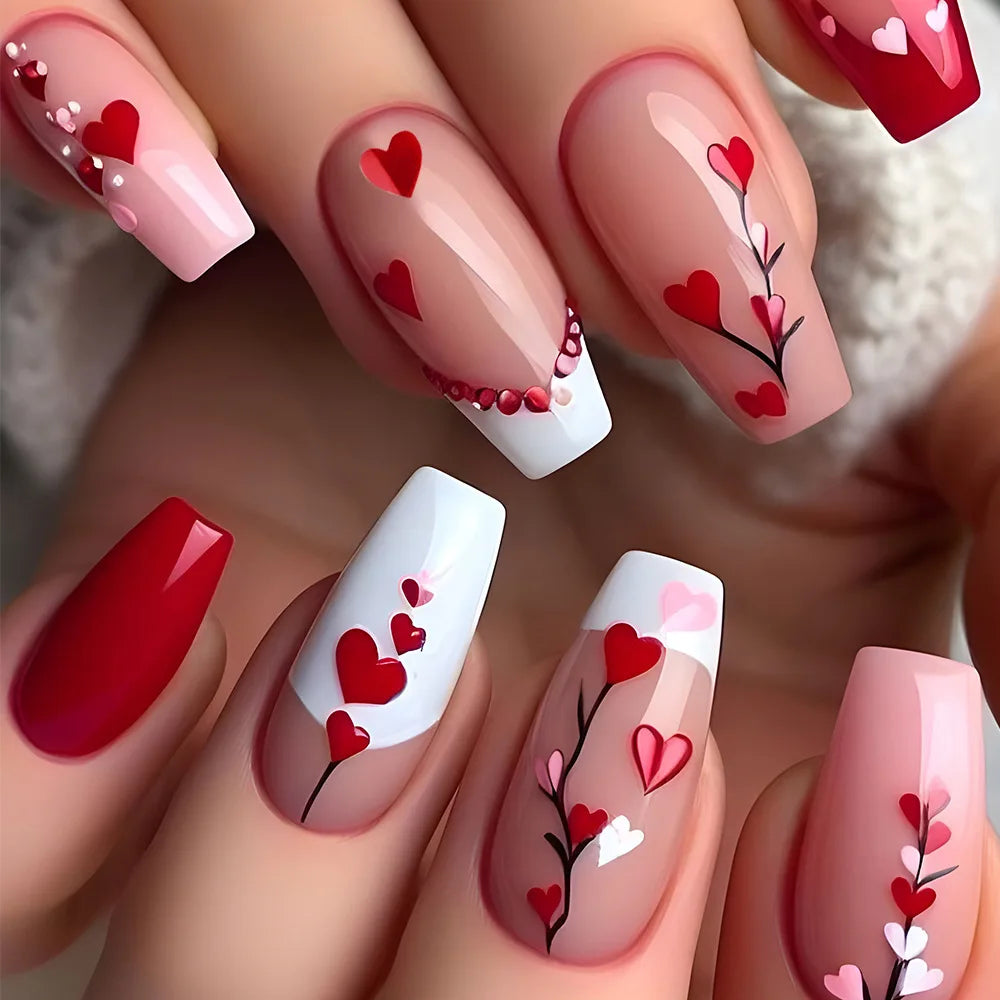 24pcs/set Medium long square fake nails for women girls cute heart flowers feather butterfly design press on false nail art tips 1856