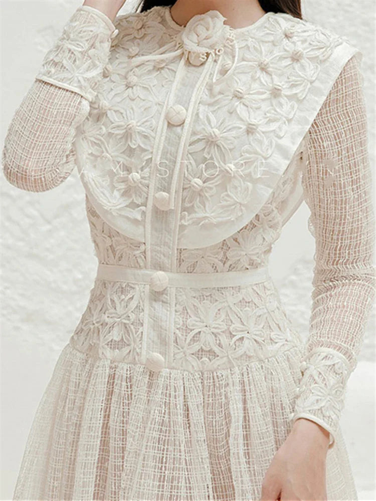 Autumn Spring Boho Elegant Party Luxury Dresses Women Dress Embroidery Lace Runway Vintage High Waist Long Sleeve Vestido