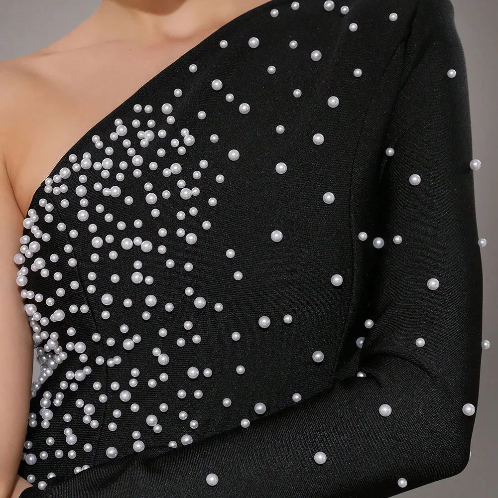 2025 Elegant Women Light Luxury Nail Bead Bandage Dress with Slant Neck Single Shoulder Sleeve Bodycon Black Long Dress Vestidos