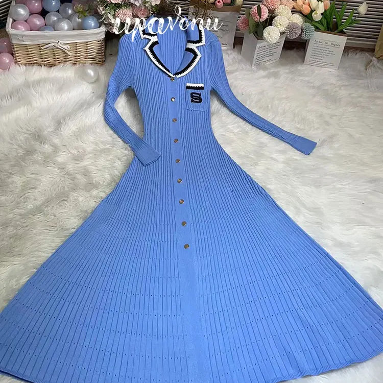 Elegant Women's Slim Fit Knitted Dress Fashionable Polo Neck Short Sleeve Single breasted Design Split Knitted Mid length Dress Blue
