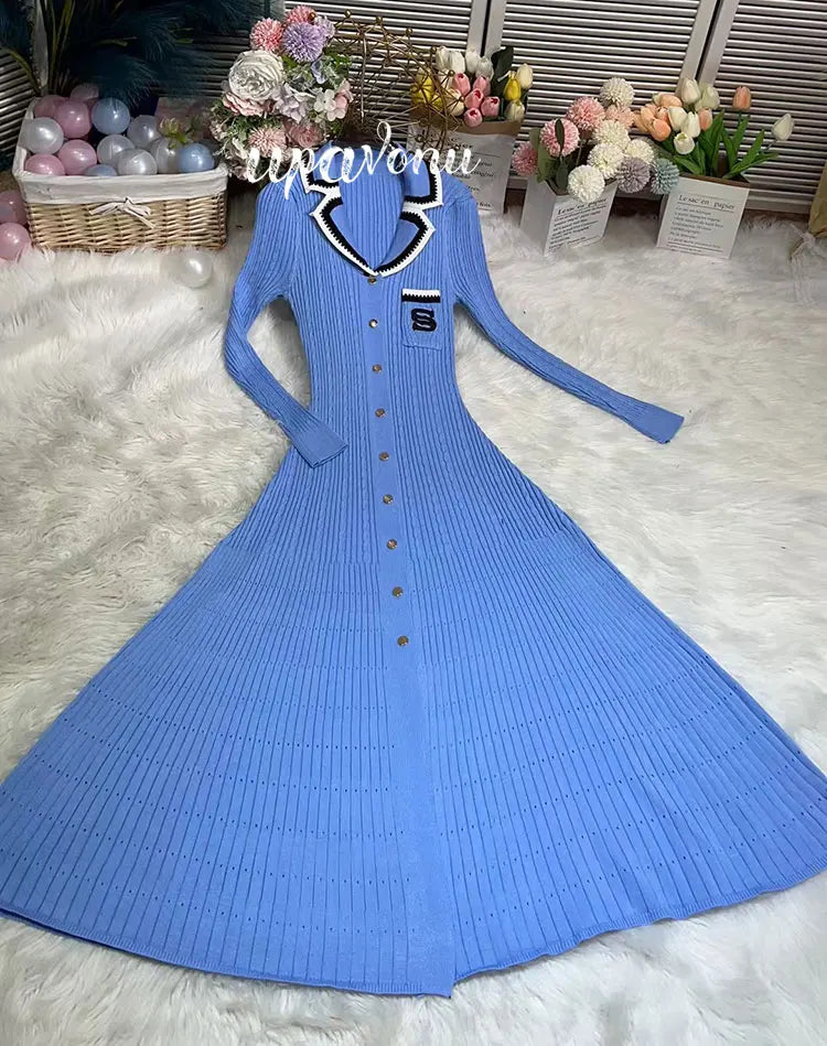 Elegant Women's Slim Fit Knitted Dress Fashionable Polo Neck Short Sleeve Single breasted Design Split Knitted Mid length Dress Blue