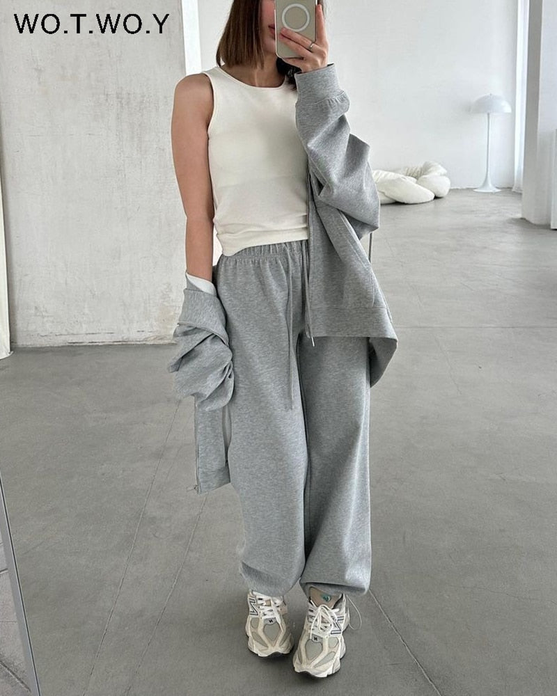 WOTWOY Causal Fleece Hooded Sweatshirts and Pants 2 Piece Sets Womens Outfits Autumn Winter Sweatpants Female Grey Pullovers