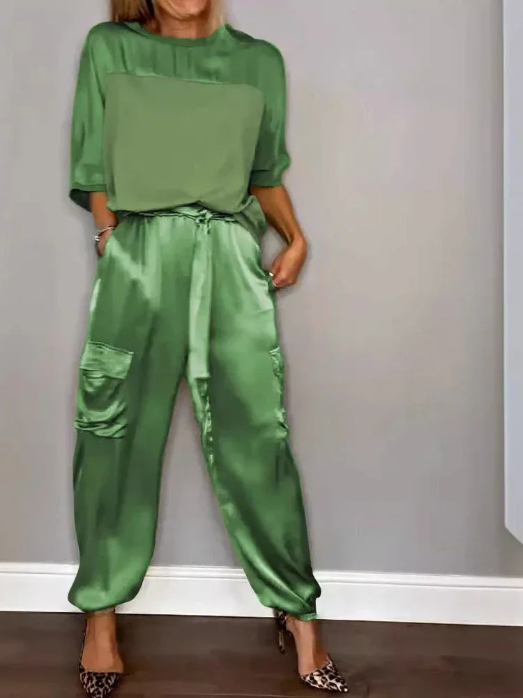 Summer Fashion New Elegant Women's Plus Size Set Street View Smooth Satin Half Sleeve Shirt Casual Pants Sports Two Piece Set