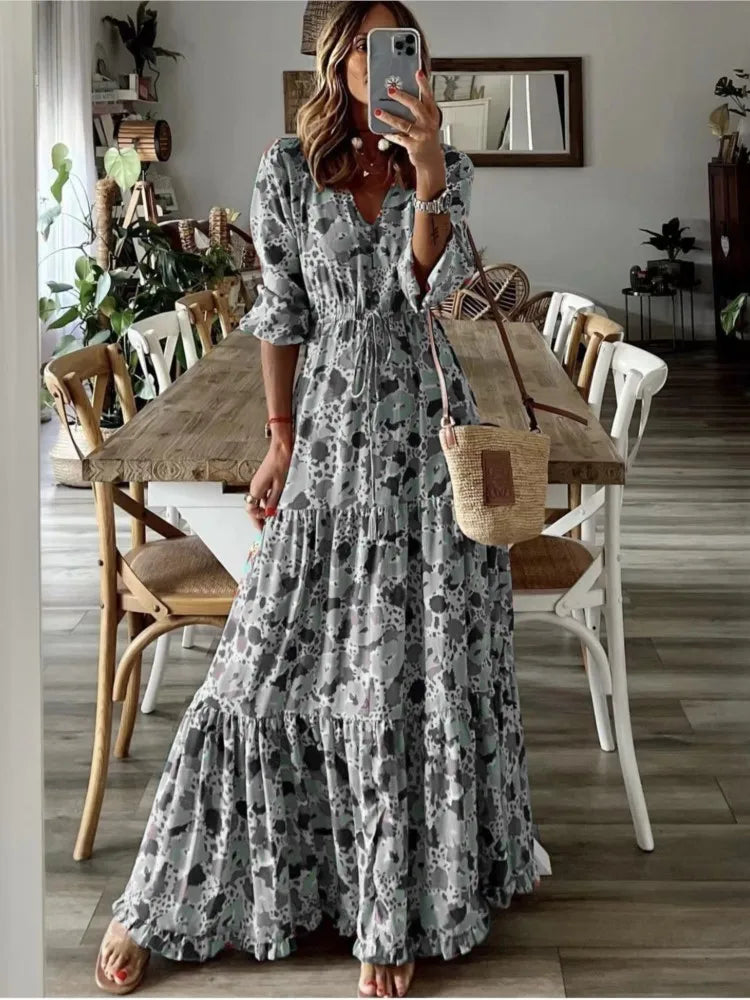 Spring Autumn Flower Print Long Dresses For Women Casual Holiday A-line Beach Dress Fashion Elegant Bohemian Style Maxi Vestidos